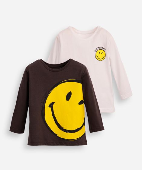 kit de 2 blusas infantis manga longa smileyworld colorida