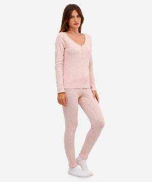 pijama canelado manga longa off white - rosa claro