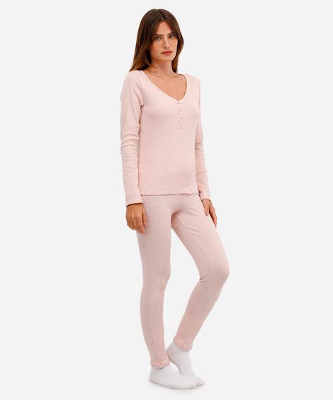 pijama canelado manga longa rosa