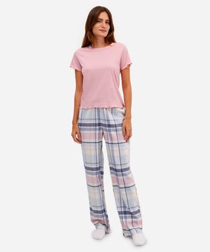 calça de pijama feminina avulsa xadrez off white