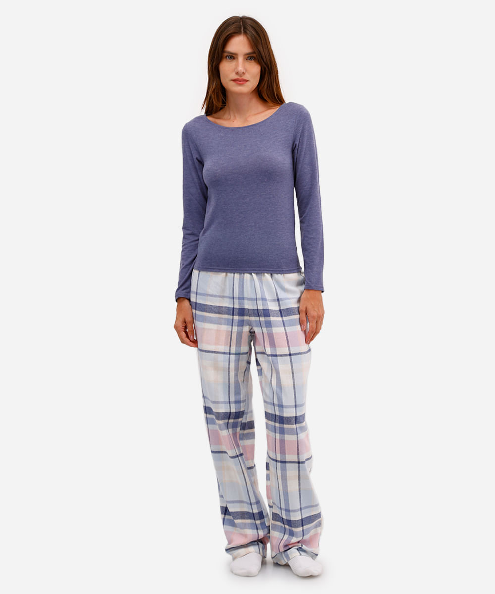 blusa feminina de pijama avulsa manga longa azul