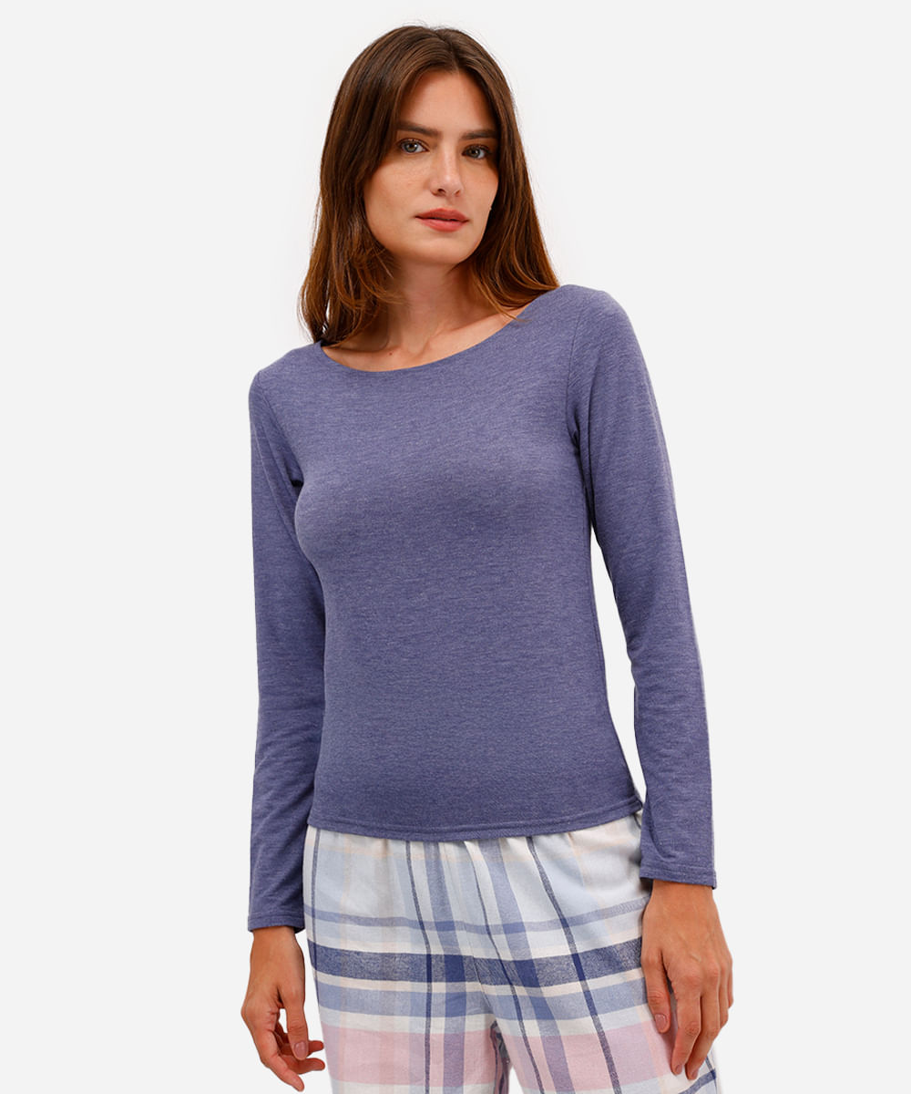 blusa feminina de pijama avulsa manga longa azul