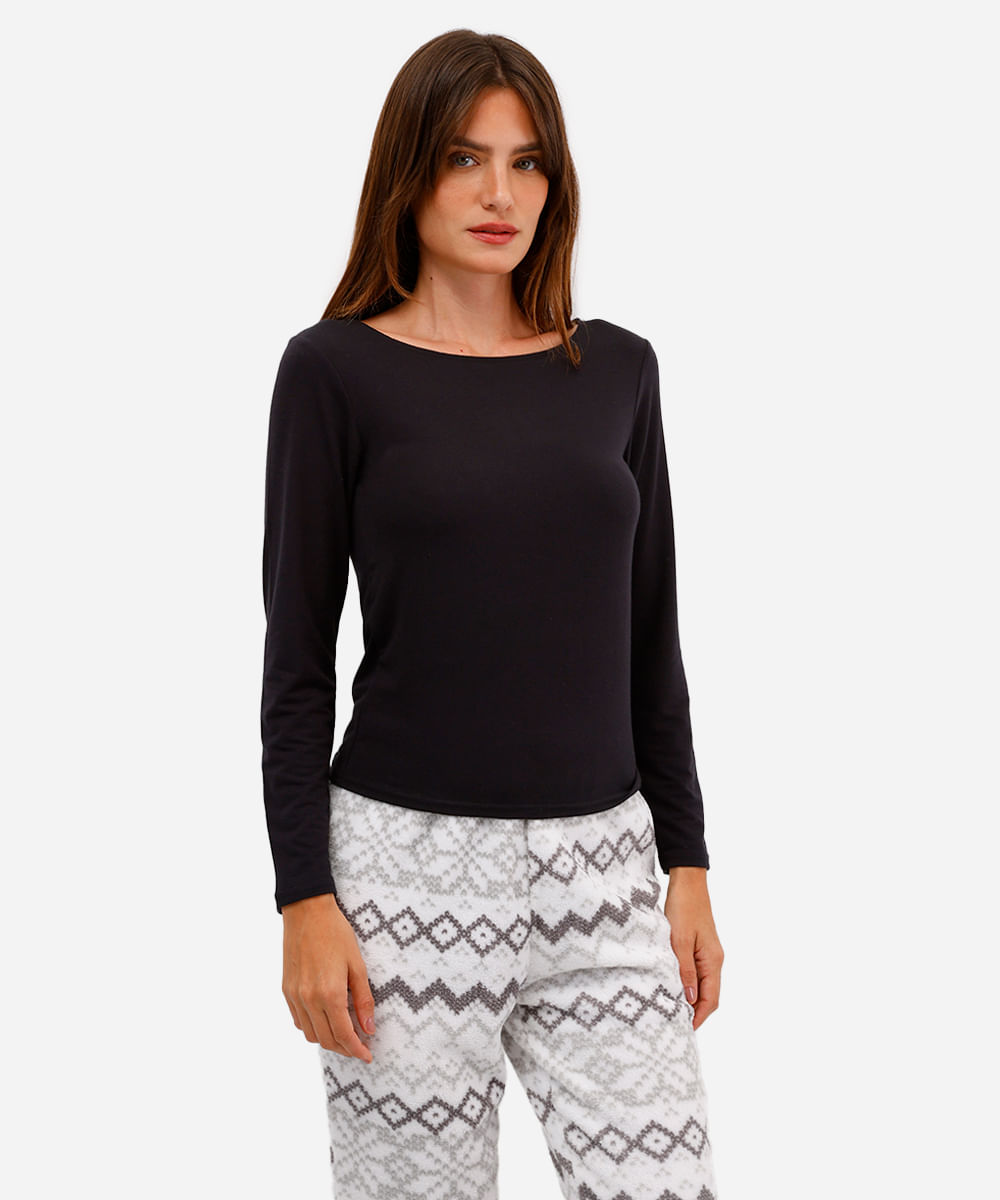 blusa feminina de pijama avulsa manga longa preta