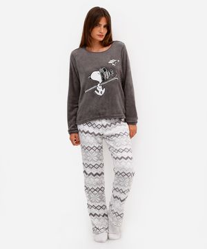 pijama longo feminino fleece com bordado snoopy cinza