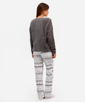 pijama longo feminino fleece com bordado snoopy cinza