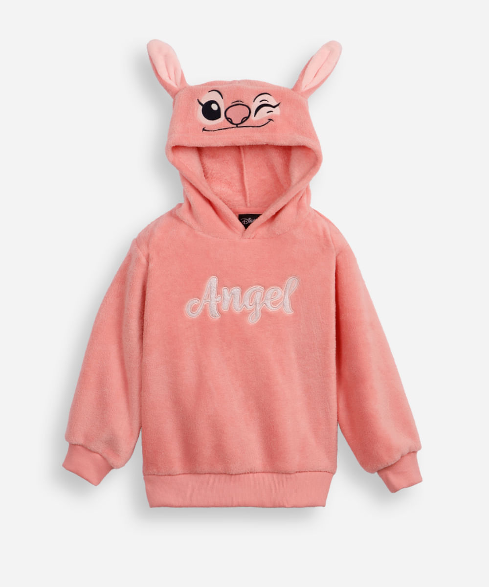 blusão de pelúcia infantil angel com capuz rosa