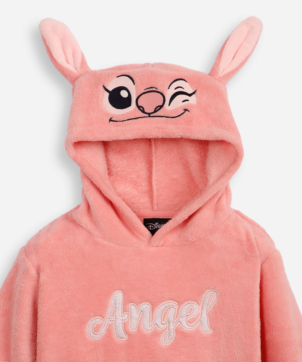 blusão de pelúcia infantil angel com capuz rosa