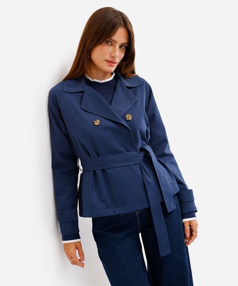 casaco trench coat cropped feminino azul