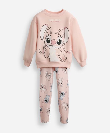 conjunto infantil longo de moletom angel e stitch rosa