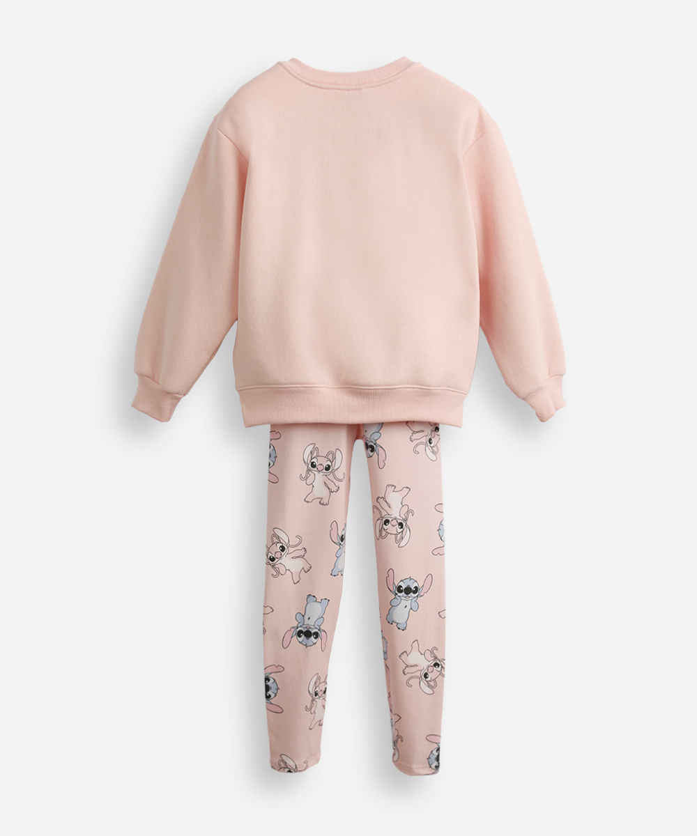 conjunto infantil longo de moletom angel e stitch rosa