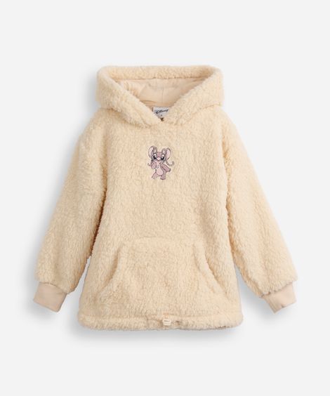 blusão de pelúcia infantil angel com capuz bege