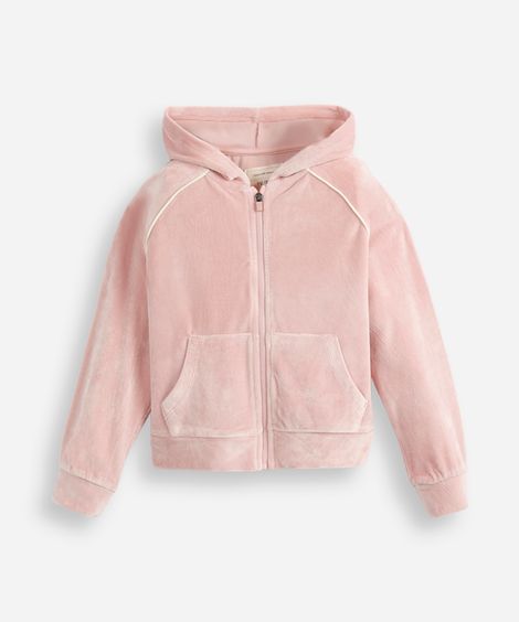 jaqueta de plush infantil com capuz e bolso rosa