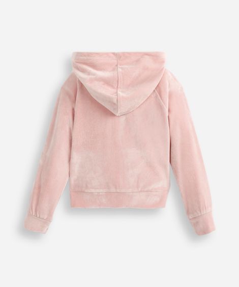 jaqueta de plush infantil com capuz e bolso rosa