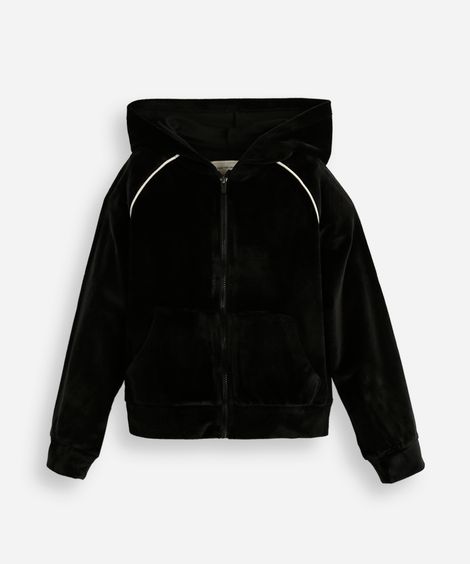 jaqueta de plush infantil com capuz e bolso preta
