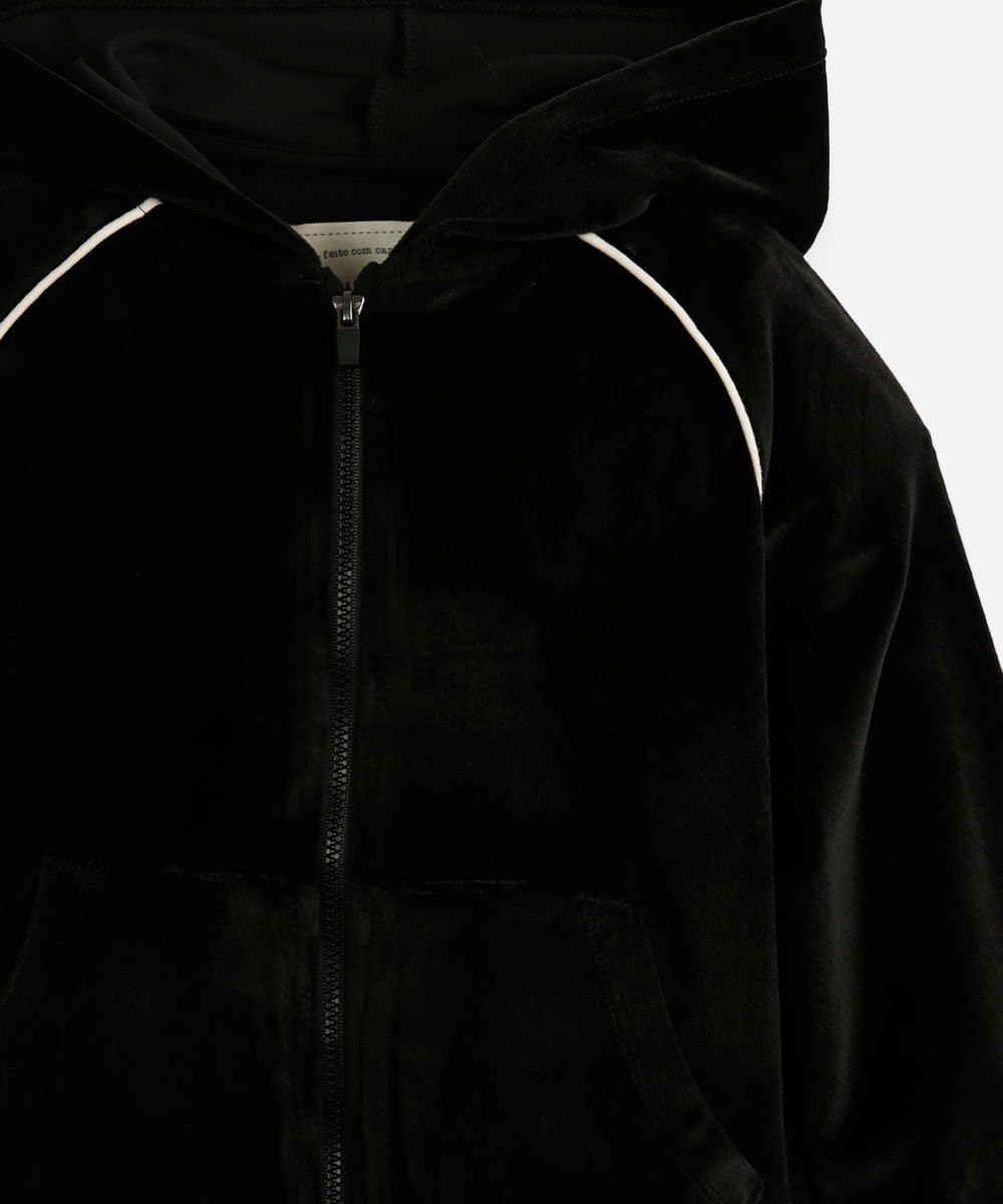 jaqueta de plush infantil com capuz e bolso preta