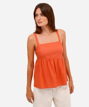 bata feminina com linho decote quadrado laranja