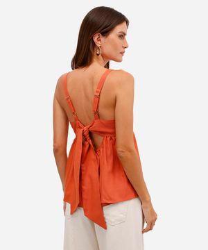 bata feminina com linho decote quadrado laranja