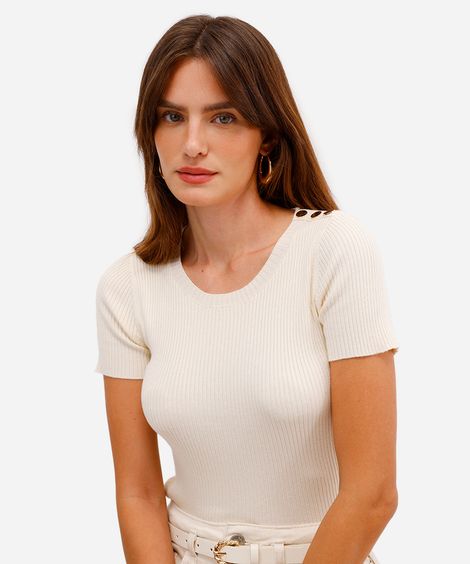 blusa feminina de tricot canelada com botões bege