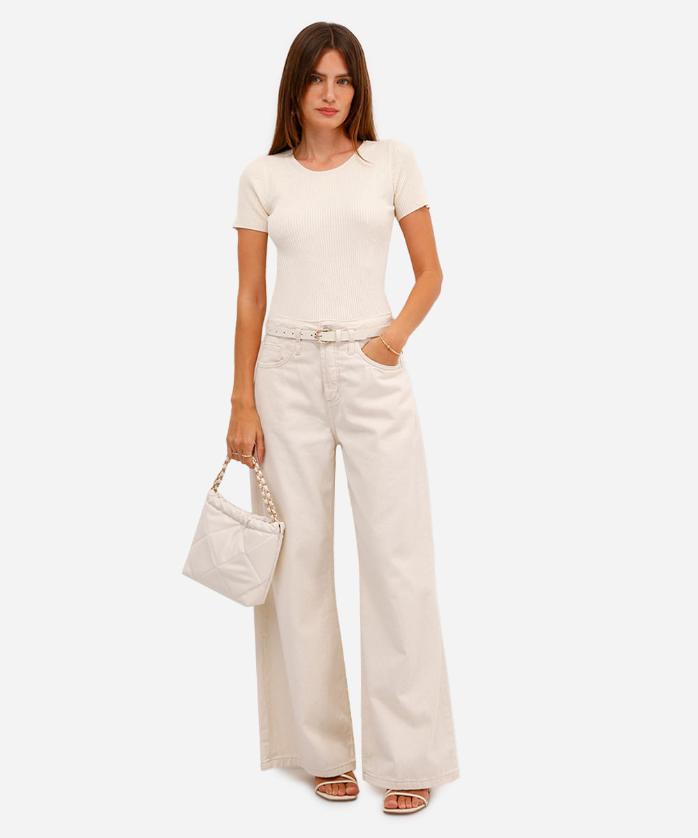 blusa feminina de tricot canelada com botões bege