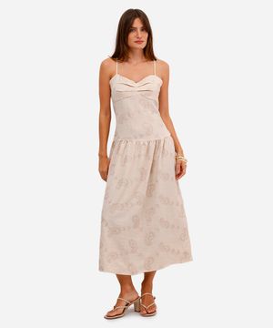 vestido midi feminino alça fina bordado paisley bege