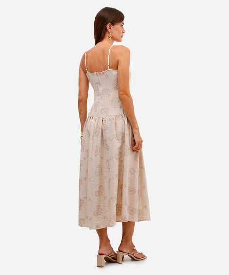 vestido midi feminino alça fina bordado paisley bege