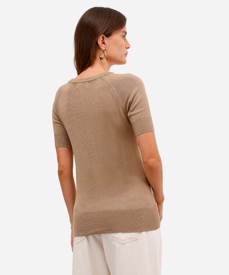 blusa feminina de tricot com botões manga curta bege