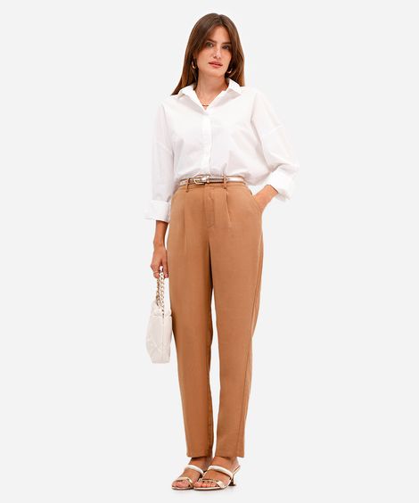 calça reta de alfaiataria feminina em viscose cós elástico marrom
