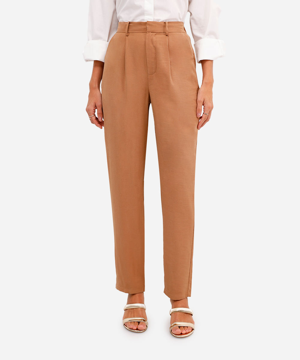 calça reta de alfaiataria feminina em viscose cós elástico marrom