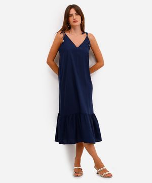 vestido midi com linho e recorte azul