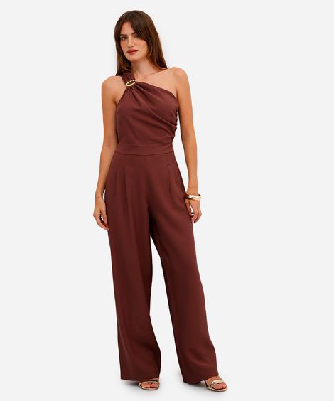 macacão ombro único feminino de viscose franzido marrom