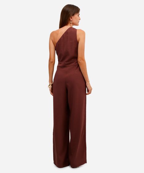 macacão ombro único feminino de viscose franzido marrom