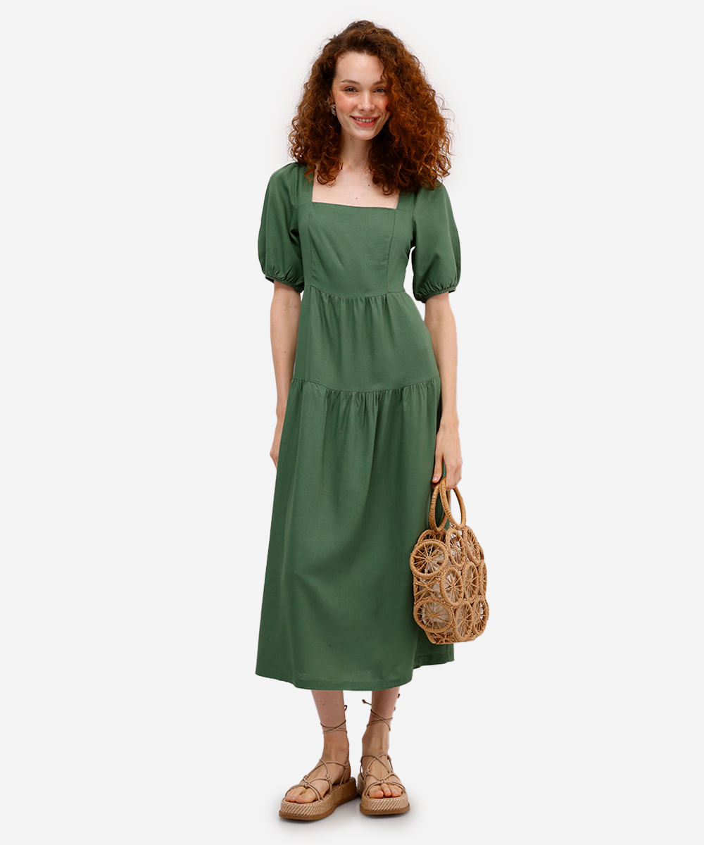 vestido midi feminino com linho e recortes verde
