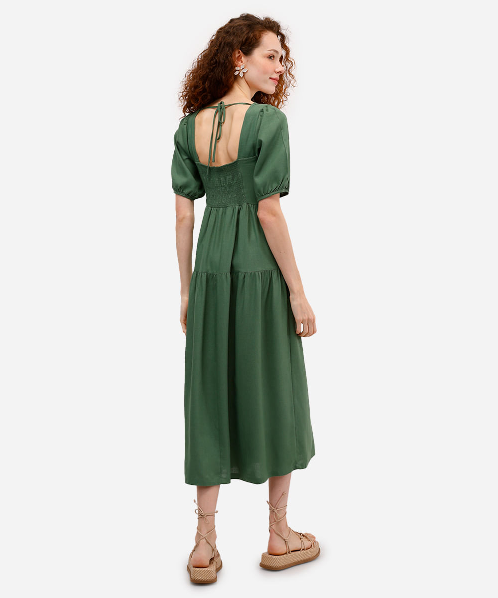 vestido midi feminino com linho e recortes verde