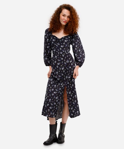 vestido midi feminino de viscose manga bufante floral  preto