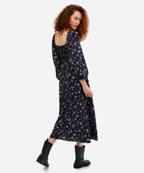 vestido midi feminino de viscose manga bufante floral  preto