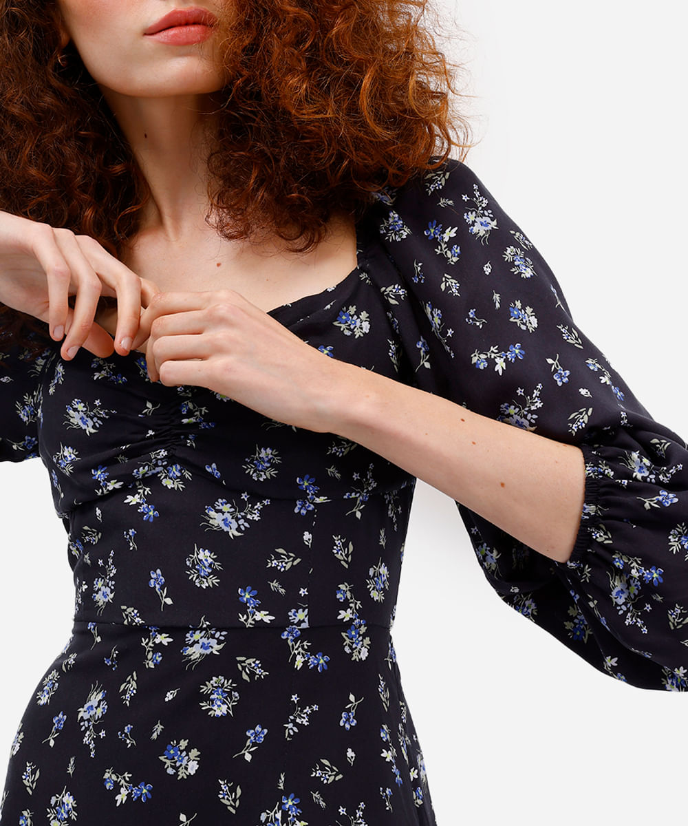 vestido midi feminino de viscose manga bufante floral  preto