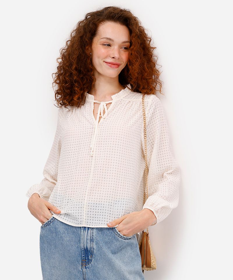 bata feminina manga longa xadrez com babado off white
