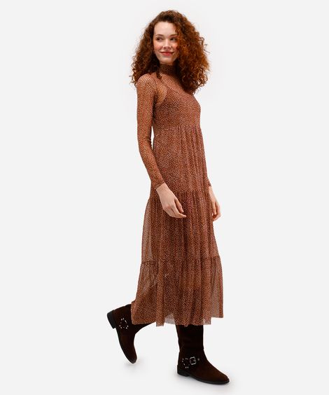 vestido midi feminino de tule manga longa poá laranja