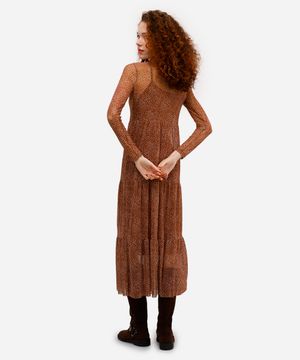 vestido midi feminino de tule manga longa poá laranja