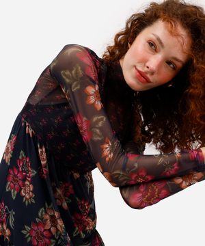 vestido midi feminino de tule manga longa floral azul