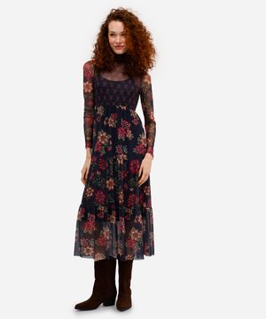 vestido midi feminino de tule manga longa floral azul