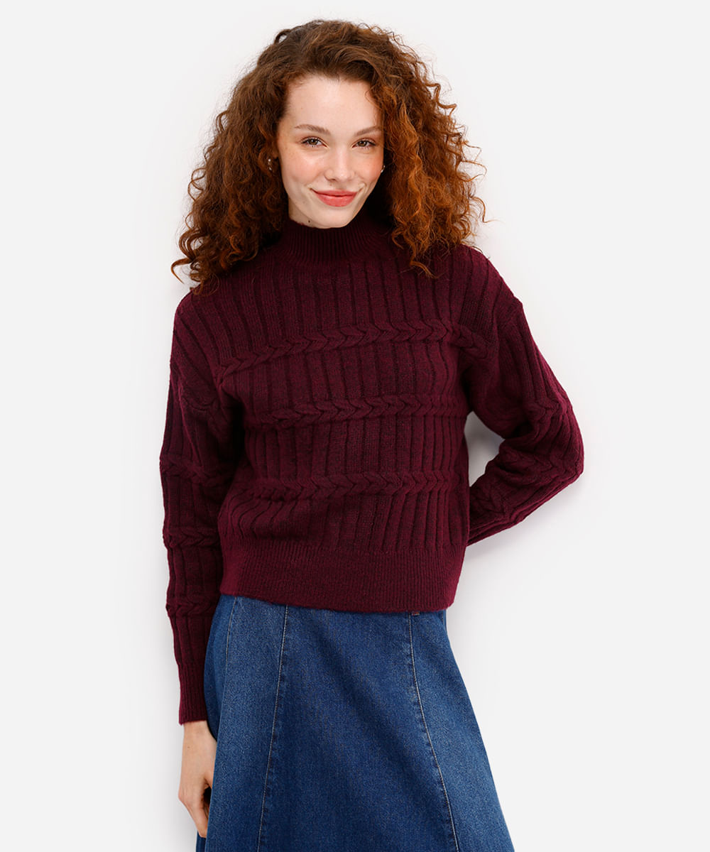 suéter feminino gola alta texturizado  - roxo uva