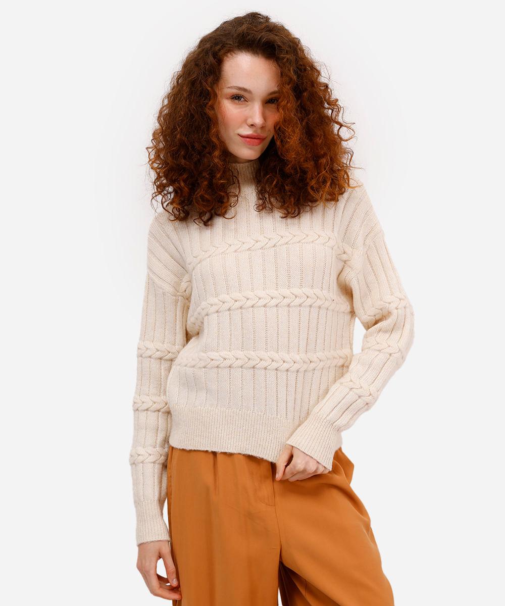 suéter feminino gola alta texturizado bege
