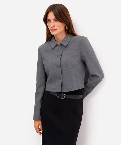 blazer cropped feminino de alfaiataria cinza