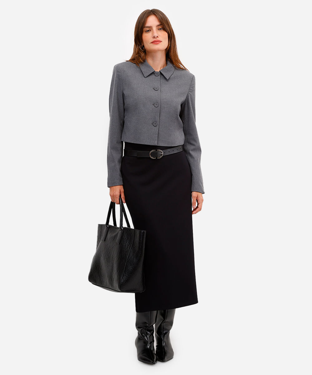 blazer cropped feminino de alfaiataria cinza