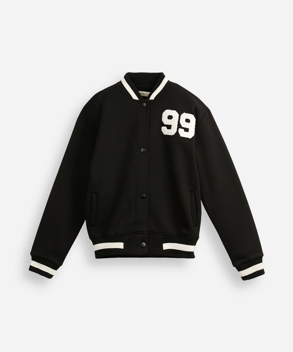 jaqueta bomber juvenil de moletom college preta