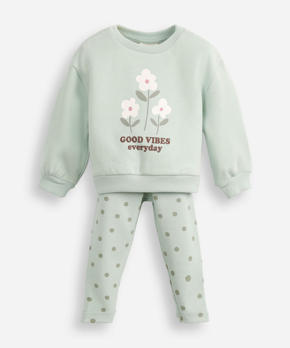 conjunto longo infantil de moletom good vibes everyday verde