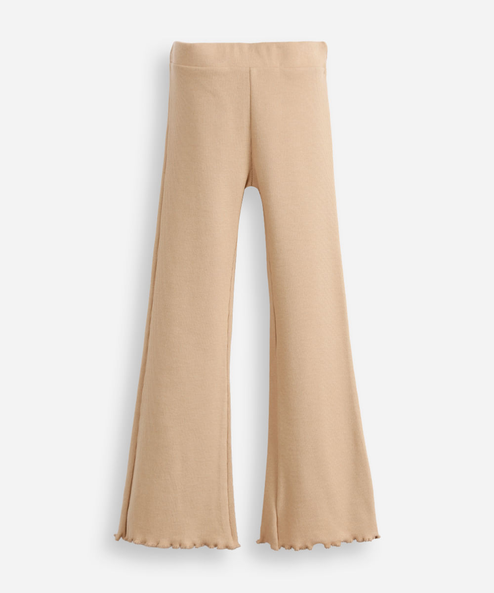 calça flare infantil canelada com fru fru bege