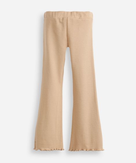 calça flare infantil canelada com fru fru bege