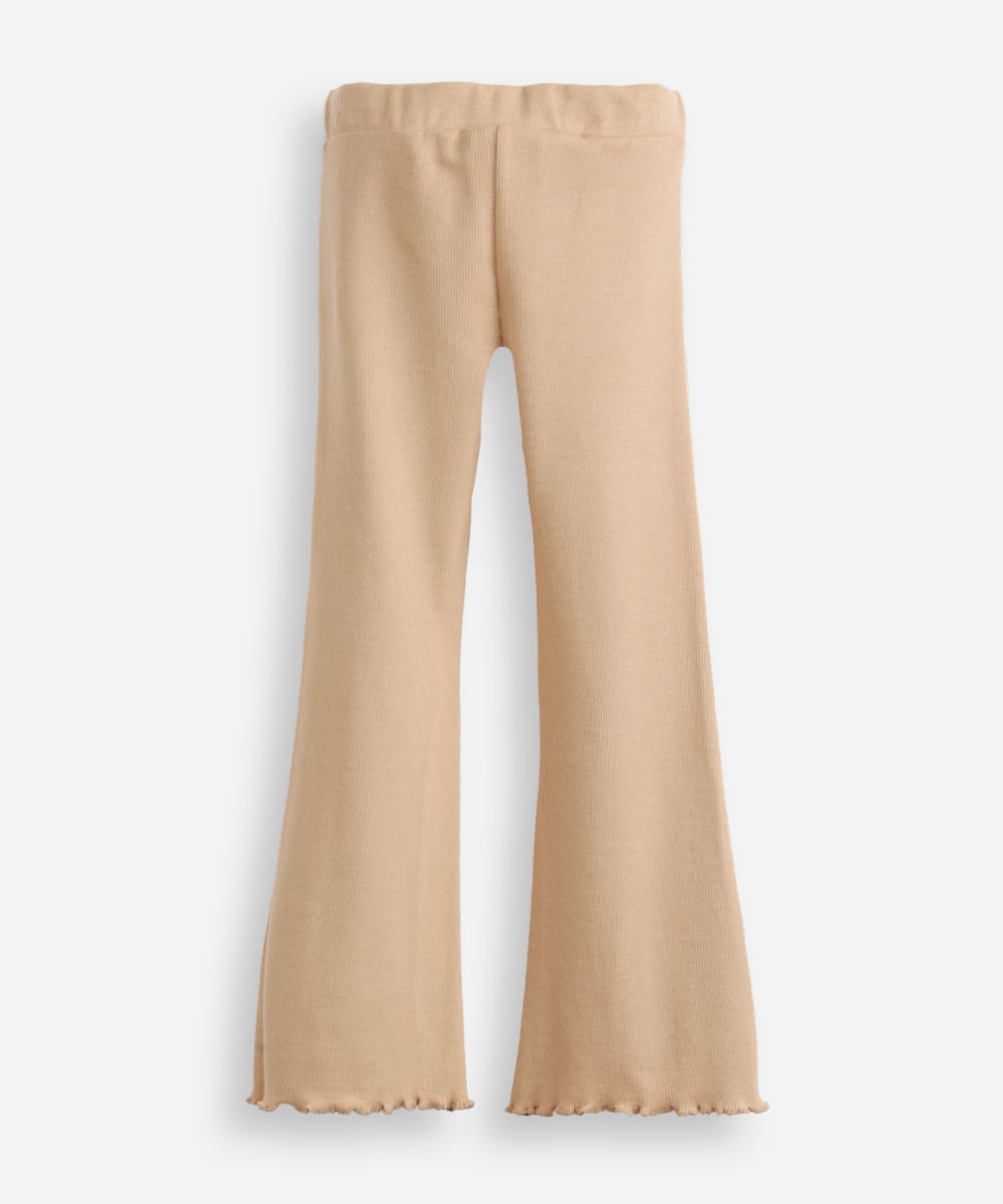 calça flare infantil canelada com fru fru bege